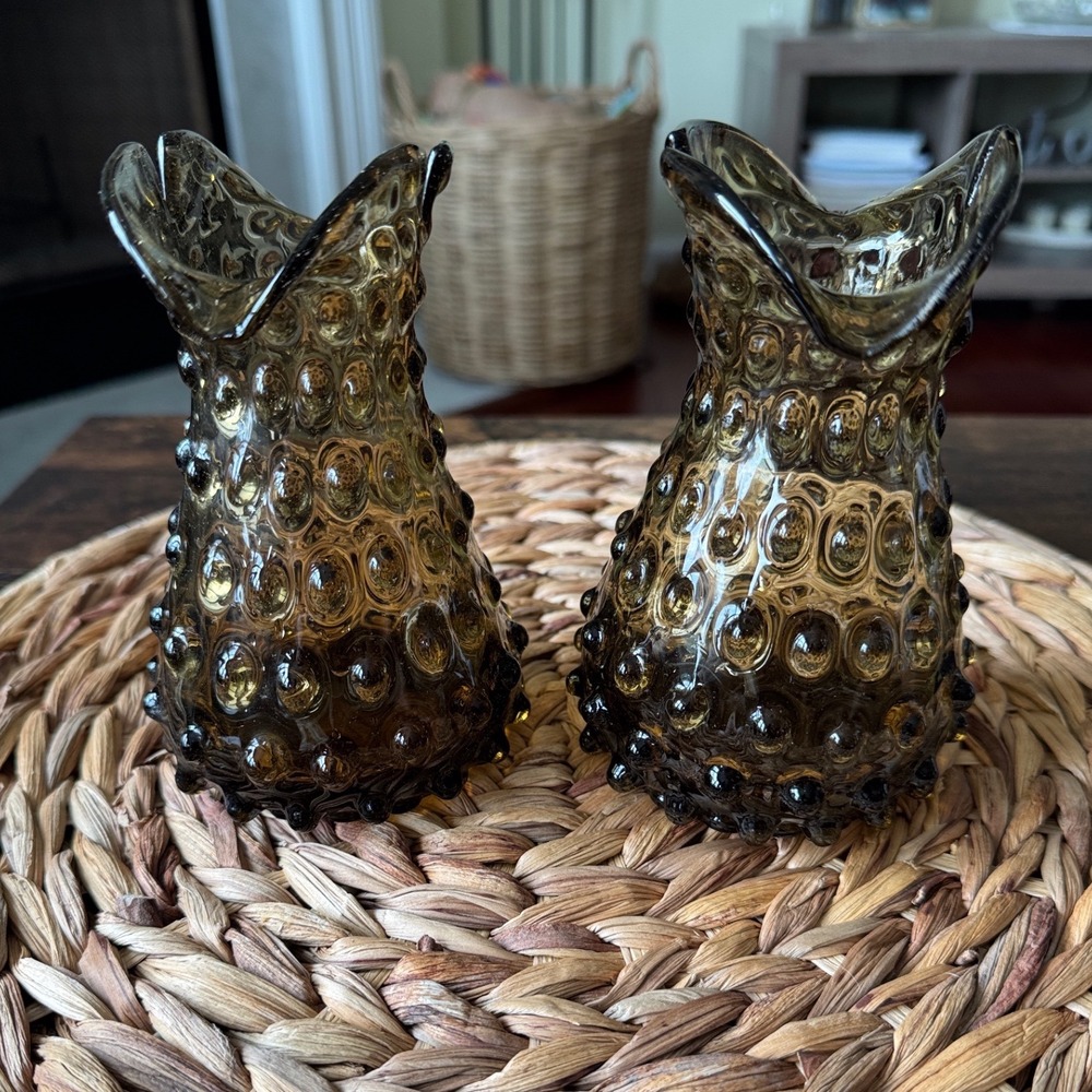 Vintage Amber Smoke Hobnail Art Glass Vases Pair Ruffled‎ Crimped Rim MCM Boho